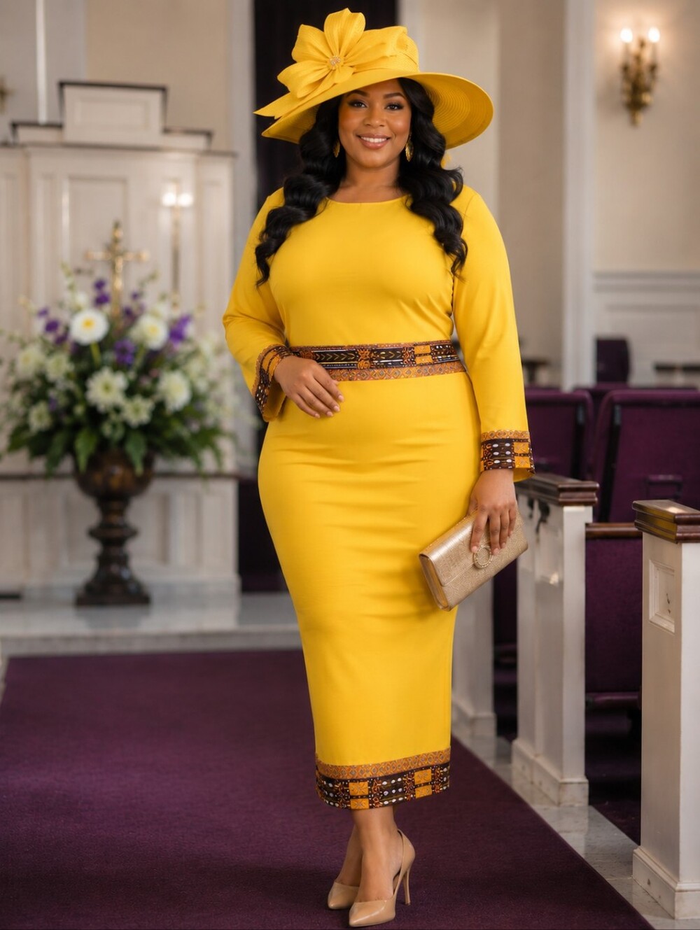 Unlisted Women's Yellow V-Neck Midi Dress with Embroidered Trim